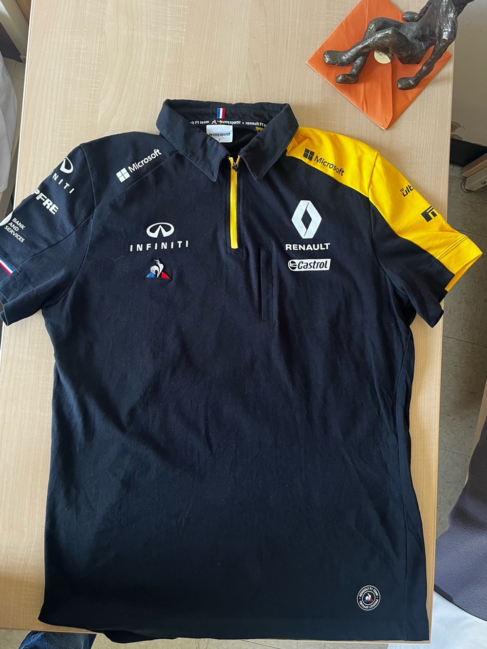 Le Coq Sportif Men's Black Polo with Yellow Shoulder Accent